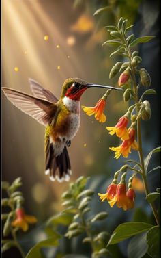 a hummingbird is flying near some yellow and red flowers with sunlight shining in the background