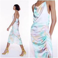 Brand New Without Tags, Zara Silk Maxi Tie Dye Halter Neck Dress In Perfect Condition. Zara Tie Dye Camisole Rainbow Side Cinch Strappy Midi Halter Dress Color: Pastel Pink/ Blue/ Yellow Tie Dye Color: Small Ref # 3525/456 Adjustable Side Cinch With Tie Midi Length Adjustable Halter Tie Neck Asymmetric Hem Fitted Halter Neck Slip Dress For Spring, Spring Summer Halter Neck Slip Dress, Summer Slip Dress With Halter Neck For Spring, Casual Halter Neck Slip Dress For Spring, Pink Slip Dress For Spring, Zara Slip Dress With Spaghetti Straps For Summer, Spring Ruched Slip Dress With Spaghetti Straps, Fitted Multicolor Slip Dress For Spring, Spring Party Ruched Slip Dress