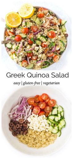 greek quinoa salad with cucumbers, tomatoes, onions and olives