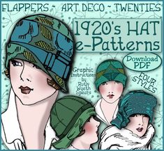 "Make 1920's Cloche Hats Think Downton Abbey and the Crawley Girls! And GATSBY...Zelda!! Jazz Era and Prohibition! Patterns and Graphic Instructions to make 4 different Hats from 1928 Note: This listing is for the 4 Shirley Hats only. The 3rd picture show the other two Collections in this series (Lillie and Marjorie) also available in my Etsy store. (This is a PDF copy of my vintage original pattern - You will receive a download link to access this PDF e-pattern IMMEDIATELY from Etsy!) *A Stylis 1920s Downton Abbey, Cappello Cloche, Make Your Own Hat, Cloche Hat Pattern, 1920s Hat, Flapper Cloche, Flapper Art, Angelina Ballerina, Sewing Hats