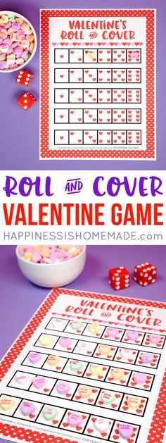 valentine's day roll and cover game with hearts on it