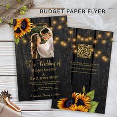 two wedding cards with sunflowers and string lights on the wooden background, one is for