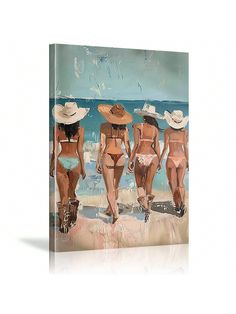 three women walking on the beach in bikinis and hats, with one woman wearing a straw hat