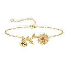 PRICES MAY VARY. SIZE: This sunflower bracelet is 6" in length with a 2" extension to perfectly fit all wrist sizes. The lobster clasp makes it easy to put on or take off. MATERIAL: 14K solid gold plated, NOT COLORED. Recommended Age Grading: 6+. SUNFLOWER: The sunflower will turn to face the sun and their open face symbolizes the sun whilst conveying warmth, happiness, adoration, and longevity. It symbolizes steadfast loyalty, adoration, and everlasting faith. PERFECT GIFT: The sunflower symbol Initial Bracelets, Sunflower Bracelet, Initial Bracelet Gold, Small Birthday Gifts, Sunflower Jewelry, Sunflower Gifts, Jewelry Heart, Gold Bracelet For Women