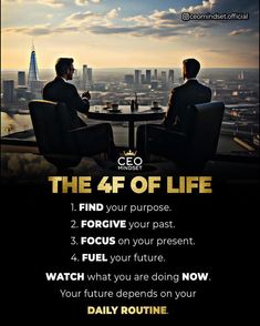 two men sitting at a table in front of a cityscape with the words, the 4 of life