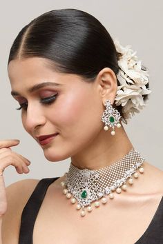 Silver plated floral jaali patterned choker necklace embellished by white stone, green emerald detail and pearl drops. Comes with matching earrings. - Aza Fashions Elegant Emerald Necklace For Wedding, Elegant Green Kundan Necklace, Elegant Pearl Necklace With Tilla, Elegant Hand Set Emerald Necklace For Reception, Elegant Hand-set Emerald Necklace For Reception, Intricate Design Choker Necklace For Reception, Exquisite Green Bridal Necklace With Intricate Design, Reception Tilla Choker, Elegant Emerald Necklace With Stone Work For Wedding