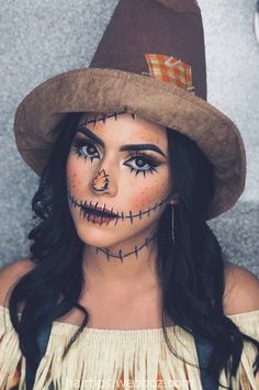 Scarecrow Makeup Ideas, Halloween Smink, Scarecrow Halloween Makeup, Pelottava Halloween, Halloween Costumes Scarecrow, Makeup Zombie, Makeup Ideas For Halloween, Scarecrow Makeup, Halloweenský Makeup