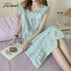 Tavimart Nightgowns Women Plaid Leisure Summer Mid-calf Simple Sweet Ulzzang Sleepwear Student Ins New Arrival Breathable Chic Sleeveless Cute Blue Home Sleepwear, Light Blue Summer Sleepwear For Home, Cute Light Blue Sleepwear For Spring, Casual Blue Nightgown For Pajama Party, Casual Blue Nightgown For Spring, Blue Casual Dress For Pajama Party, Casual Blue Dress For Pajama Party, Sleeveless Light Blue Sleepwear For Spring, Light Blue Sleeveless Sleepwear For Spring