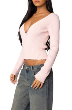 Crop Wrap Top, Pink Wrap Top, Knit Wrap Top, Coquette Winter, Long Sleeve Wrap Top, Pink Wrap, Outfit Inspired, Ribbed Knit Fabric, Lettuce Hem