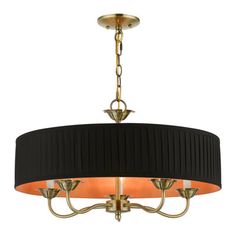 a black and gold chandelier hanging from a ceiling fixture with two orange shades