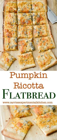 pumpkin ricotta flatbread is cut into squares and placed on a cutting board