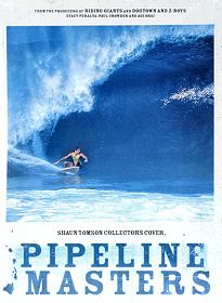 a movie poster for pipeline masters featuring a man on a surfboard riding a wave