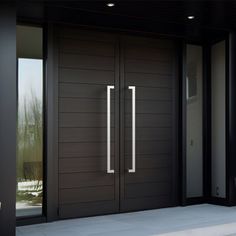 the front door to a modern home with two large doors and sidelights on either side