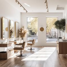 an empty salon with chairs, mirrors and plants in the window sill on the far wall