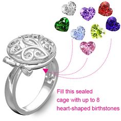 This Round cages with family tree on make this the most exceptionally personalized and one of a kind gift you can give. Choose the cage that most represents the amazing woman ,wife or mother who will be wearing it and each birthstone as family memembers. It means family members get together .The large cage size allows space for up to 8 heart birthstones to make the ring even more special!Any words you want to express you can engrave inside of ring . Adjustable Heart Ring With Birthstone, May Birthstone Filigree Ring Gift, Filigree Ring For May Birthstone Gift, Silver Heart Ring With Birthstone, Heart Shaped Cubic Zirconia Ring With Birthstone, Cubic Zirconia Heart Ring With Birthstone, Gemstone Rings For Birthday Gift, Elegant Silver Ring For Birthday Gift, Promise Filigree Ring With Birthstone