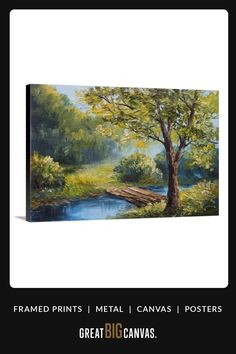 a painting of a river with trees in the foreground and text that reads, framed prints metal canvass posters great big canvases