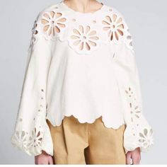 Beautiful Shirt White Blouse With Cutwork Hem For Spring, White Long Sleeve Tops With Cutwork Hem, Spring Long Sleeve Blouse With Cutwork, Anglaise Top, Jonathan Simkhai, Scalloped Hem, Cotton Pants, Creamy White, White Color