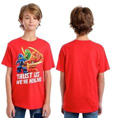 two young boys wearing red t - shirts that say trust us we're ninjas