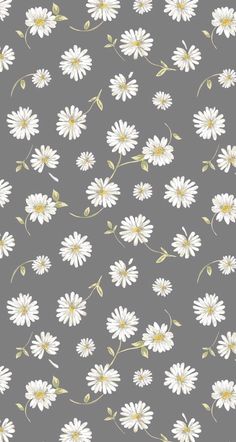 white daisies on grey background with green stems and leaves in the center, seamlessly