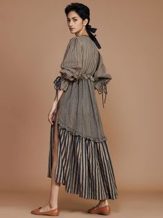 Sahara Dress, Women Cotton Dress, Statement Sleeves, Handwoven Fabric, Frill Dress, Striped Fabrics, Tiered Dress, Pink Stripes, Aza Fashion