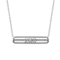 A sparkling look she'll love, this DeCouer bar necklace is crafted in sterling silver with a parallel bar design featuring a floral centerpiece. NECKLACE DETAILS Pendant size: 30.6 mm x 6.5 mm Length: 18 in. + 2-in. extender Chain type: cable Clasp: spring-ring Metal: sterling silver Finish: polished Packaging: boxedDIAMOND DETAILS Total weight: 1/10 ct. Color grade: I Clarity: I2, I3 Setting: micro pave, micro prong Diamond weights are approximate. Diamond Total Weights may vary between .01 and Classic Sterling Silver Bar Necklace, Sterling Silver Bar Necklace For Anniversary, Silver Sterling Bar Necklace For Anniversary, Classic Silver Bar Necklace For Anniversary, Silver Bar Necklace For Anniversary, Parallel Bar, Diamond Bar Necklace, Floral Centerpiece, Diamond Bar