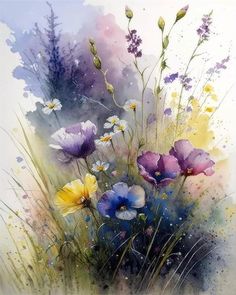 watercolor painting of wildflowers and grasses with purple, yellow and blue colors