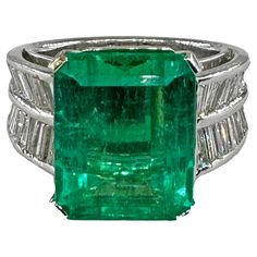 Gorgeous Rare Important 18k White Gold Green Emerald and Diamond Ring. The Center Stone is AGL Certified 10ct (9.98ct) Natural COLOMBIAN Emerald Step cut Green Emerald. Mesmerizing Rich Sparkling Transparent Green! The measurements of the center stone are 14.85 x 11.97 x 6.94. With some treatment, common for all Emeralds as indicated by AGL (Report #1138242 ). Unusually large size for such a clear shiny Emerald. Please view AGL report posted with photos for Origin and Information. It is set with European Cut Diamond Ring, White Gold Hoops, Platinum Diamond Rings, Harry Winston, Zambian Emerald, Colombian Emeralds, Emerald Engagement, Three Stone Engagement, 18k Gold Ring