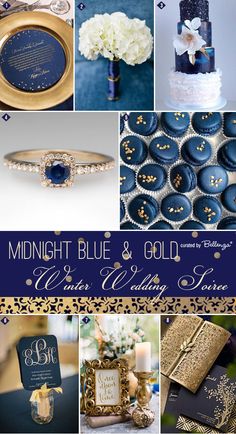 blue and gold wedding theme is featured in this collage, including the bride's ring