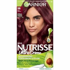 Garnier Nutrisse Ultra Crème Nourishing Permanent Hair Color nourishes as it colors for 2x shinier, silkier and nourished hair vs. uncolored, unwashed hair. Garnier Nutrisse permanent reddish brown hair dye comes with a fruit oil ampoule that you pour directly into the mix. Our nourishing after color conditioner is infused with five responsibly-sourced oils - avocado, olive, coconut, argan and shea. The new ColorBoost technology efficiently infuses intense dyes into the hair fiber for richer, ra Black Cherry Hair Dye, Cinnamon Brown Hair Color, Chocolate Cherry Hair, Cinnamon Brown Hair, Black Cherry Hair Color, Garnier Hair Color, Black Cherry Hair, Cherry Hair Colors, Cinnamon Whiskey