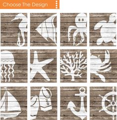 some white and orange designs on wood planks with the words choose the design above them