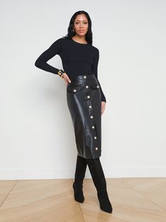 L'AGENCE - Milann Faux Leather Button Midi Skirt in Black Button Midi Skirt, Minimalist Top, Vegan Leather Skirt, Button Outfit, Pointed Toe Boots, The Pencil, Black Leather Skirts, Leather Trench Coat, Faux Leather Skirt