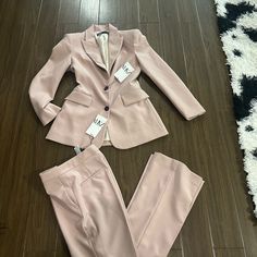 Zara Powered Pink Brush Classic Fit Tuxedo Suit Pink Notch Lapel Sets For Workwear, Pink Notch Lapel Sets For Work, Pink Notch Lapel Workwear Sets, Tailored Chic Pink Sets, Chic Fitted Pink Sets, Pink Notch Lapel Sets For Spring, Chic Pink Notch Lapel Sets, Elegant Tailored Pink Pants, Pink Spring Suits For Work