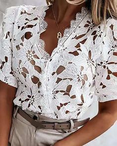 Size: S,M,L,XL;Style:ChicType:BlousesMaterial:LaceNeckline:V-NeckSleeve Style:Puff SleeveLength:RegularPattern Type:PlainFit Type:RegularOccasion:DailyPackage Include:1* Blouse White V-neck Top For Brunch, Chic White V-neck Blouse, White V-neck Top For Party, Feminine White V-neck Blouse, Lace Cutout, Chic Type, Mesh Bodysuit, Lace Neckline, Guipure Lace