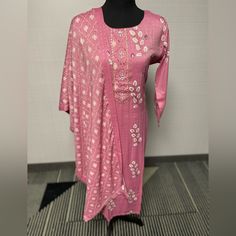 2 Piece Indian Dress With Kurti And Duppata Elegant Cotton Festive Dresses, Elegant Cotton Dress With Dupatta, Spring Party Palazzo Set With Printed Motifs, Cotton Party Dresses For Eid, Spring Long Sleeve Rayon Sets, Cotton Anarkali Party Dress, Pink Cotton Salwar Kameez For Spring, Elegant Cotton Palazzo Set For Spring, Cotton Maxi Dress With Dupatta