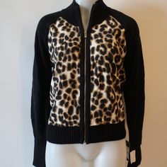 Womens Adrienne Vittadini Black Brown Cream Animal Print Zip Knit Cardigan S * Ticketed Price: $99.50 Color: Black, Brown, Cream Size: Small Full Zipper Closure Animal Print Front Panel Unlined Material: 53% Cotton 40% Rayon 7% Nylon 63% Polyester/33% Rayon/4% Spandex Measurements (Flat): Shoulders: 15" Armpits: 19" Wasit: 15.6" Sleeves: 23" Length: 22.2" Nwt, New With Tags. Jen_feld1170- 4** Fitted Jacquard Knit Outerwear, Fitted Black Jacquard Knit Cardigan, Fitted Black Jacquard Knit Outerwear, Pink Cardigan Sweater, Black Cardigan Sweater, Textured Cardigan, Merino Wool Cardigan, Zippered Sweater, Small Sweater