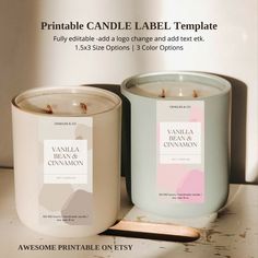 two candles sitting next to each other on top of a white table with the words, printable candle label template