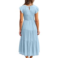 Light Blue Ruffled Sleeve Pleated Layered Casual Dress Casual Light Blue Midi Dress With Ruffles, Light Blue Short Sleeve Maxi Dress With Ruffles, Light Blue Maxi Dress With Ruffles And Short Sleeves, Light Blue Tiered Midi Dress For Brunch, Women Dresses Casual, Casual Dress Women, Women Dresses, Dresses Casual, Casual Dress