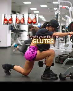 a woman squatting down in front of a barbell with the words target your entire glutes