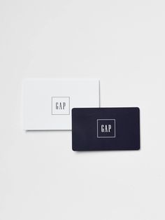 two black and white business cards with the word gap printed on them, both in square letters