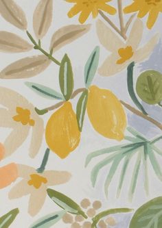 a painting of lemons and leaves on a white background with yellow flowers in the foreground