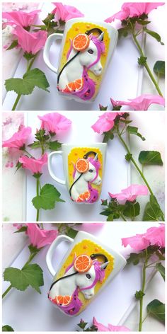 two pictures of coffee cups with orange slices on them and pink flowers in the background