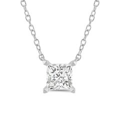 Your perfect daily go-to. This solitaire necklace features a white gold chain and princess-cut diamond on a four-prong basket. Its subtle sparkle delivers a clean, classy look that complements any ensemble. The timeless appeal of this minimalist diamond solitaire necklace also makes it the perfect gift. White Gold Chain, Solitaire Necklace, Diamond Solitaire Necklace, White Gold Chains, Solitaire Necklaces, Princess Cut Diamonds, Lab Created Diamonds, How To Look Classy, Diamond Solitaire