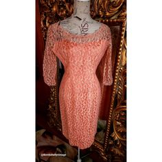 This beautiful dress is from the 50's. Excellent condition. Made of peach lace over acetate lining.  The neckline is decorated with prong set rhinestones.  Wiggle style.  The sleeves are 3/4 length and sheer. Gathered coming up the arm giving nice details. Excellent condition.  Best fit would be a Medium, however, please see the measurements below for a proper fit.  All sales are final. Measurements Armpit-armpit doubled 38" Waist 30" Hip 38" Sleeve 17.5" Length 33" from top of shoulder Retro Lace Vintage Dress For Party, Vintage Lace Dress For Party In Retro Style, Elegant Dress With Lace Bodice For Vintage Events, Elegant Lace Bodice Dress For Vintage Events, Elegant Lace Dress With Lace Bodice For Vintage Events, Vintage Fitted Dress With Lace Sleeves, Vintage Lace Party Dress, Retro Lace Dress For Party, Retro Lace Party Dress