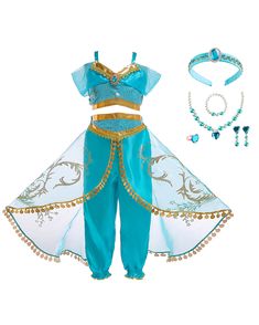 PRICES MAY VARY. Arabian princess costume comes with top, pants and matching headband, jewelry set. Suggest for ages 3+. The princess costume is made of satin with sequin details, soft and comfortable, no itchy. The costume is off shoulder belly dance style with glittering sequins design, flower patterns tassel organza decorate pants. The top and pants have elastic band which is stretchable to ensure for the perfect fit. Perfect for arabian princess costume, halloween dress up, christmas gift, p Jasmine Costume Girls, Arabian Princess Costume, Princess Jasmine Dress, Vestidos Sport, Princess Dance, Baby Costumes Girl, Jasmine Dress, Princess Cosplay, Princess Dress Up