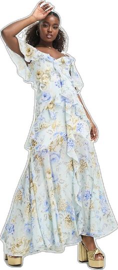 V-neck Floral Maxi Dress For Wedding Guest, Spring Wedding Guest Maxi Dress, Spring Wedding Guest Floor-length Maxi Dress, Light Blue Floral Print Maxi Dress For Party, Elegant Light Blue Maxi Dress For Garden Party, Off-shoulder Chiffon Maxi Dress For Garden Party, Off-shoulder Summer Maxi Dress For Wedding Guest, Spring Wedding Guest V-neck Maxi Dress, Off-shoulder Chiffon Maxi Dress With Floral Print