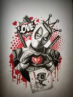 a drawing of a deadpool holding a card with the word love written on it