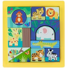 a wooden puzzle with animals and giraffes on it's sides,