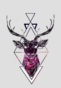 a deer head with geometric shapes and triangles in the background, as well as an inverted triangle