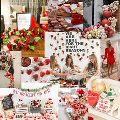 a collage of photos with red and white decorations, food, and people in the background