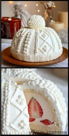 a cake that has been decorated with white frosting and strawberries in the middle